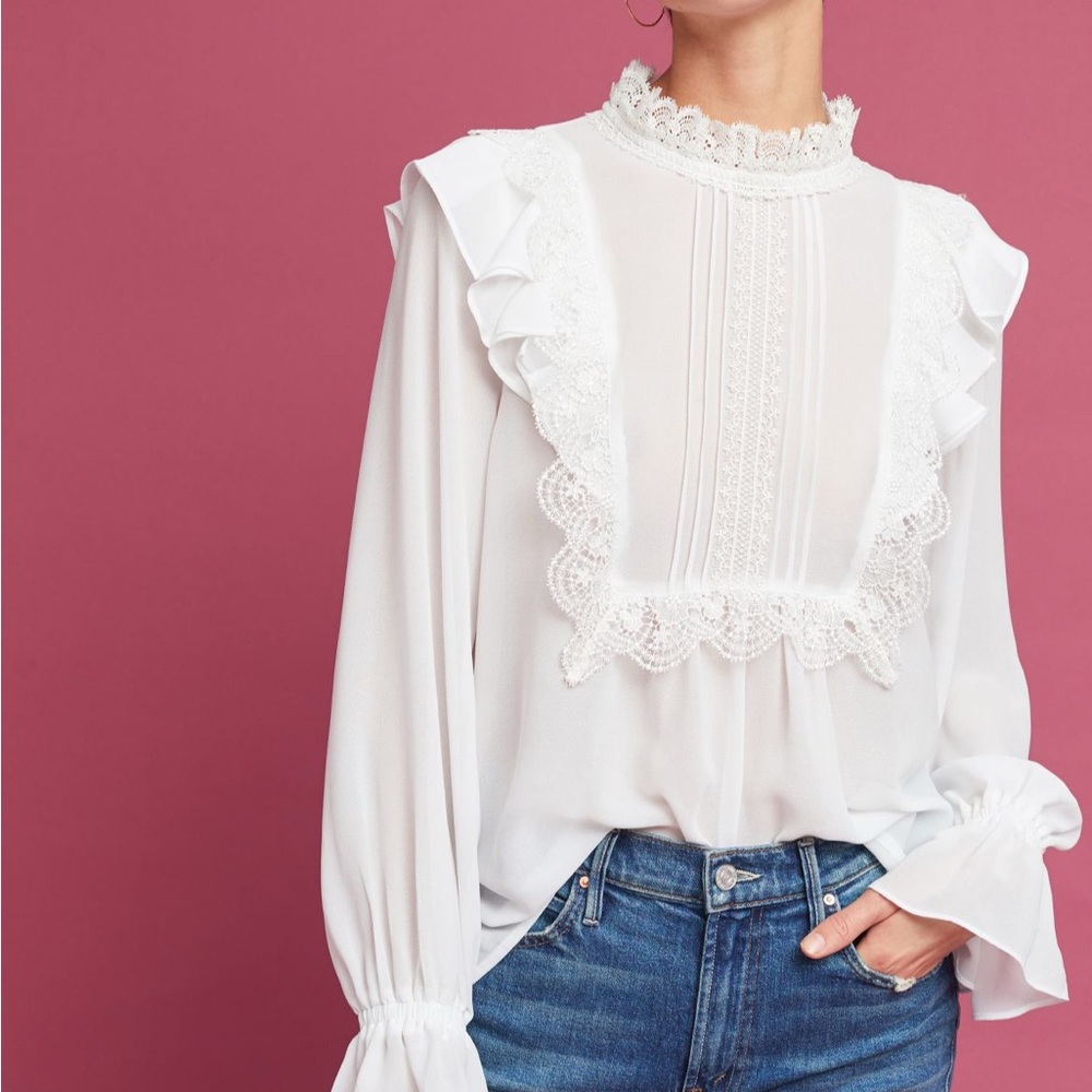 White Ruffled Puff Sleeve Blouse with Bib Collar NWOT